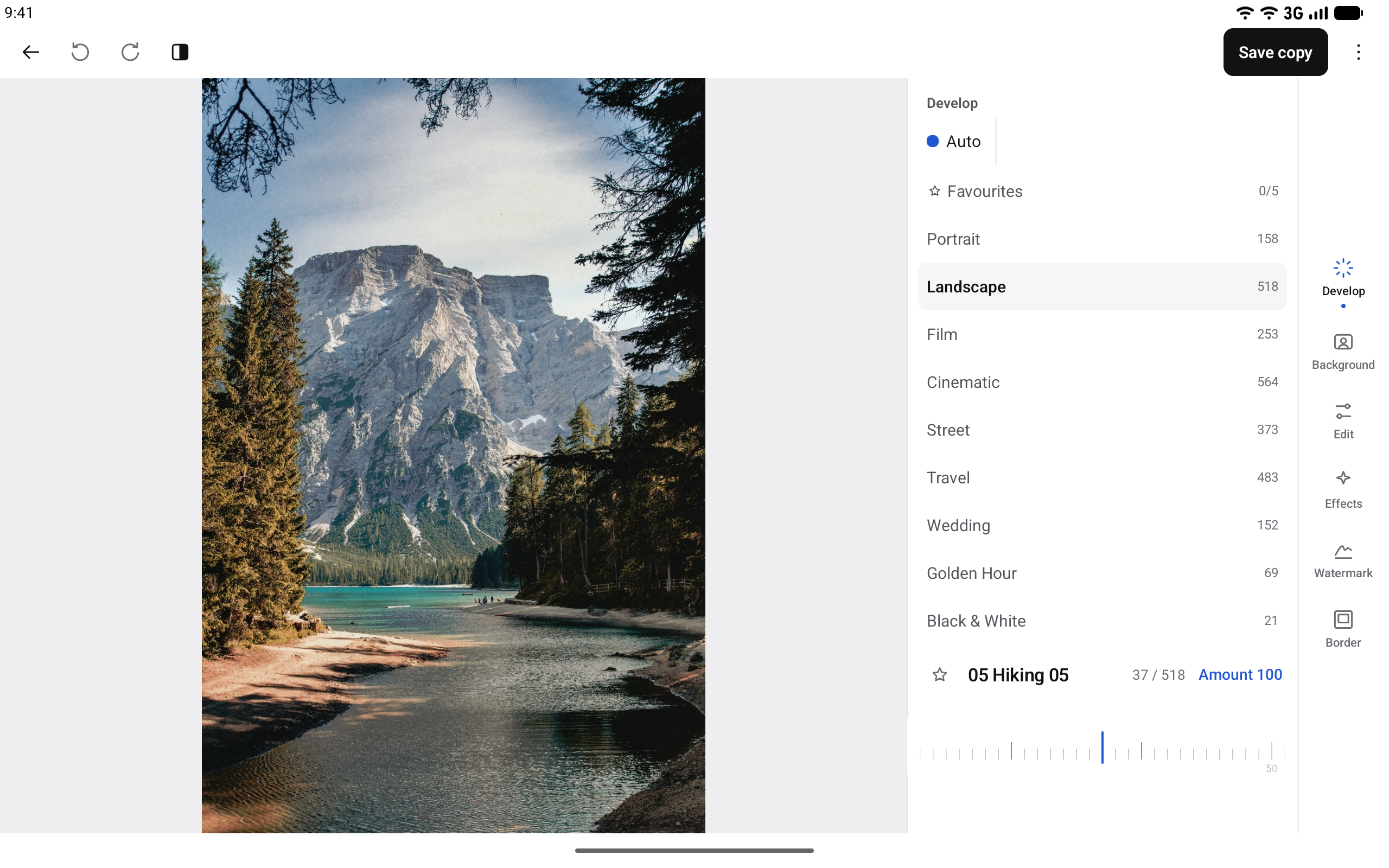 Lightly on a tablet: landscape preset categories beside the photo, with Background, Edit, Effects, Watermark and Border tools